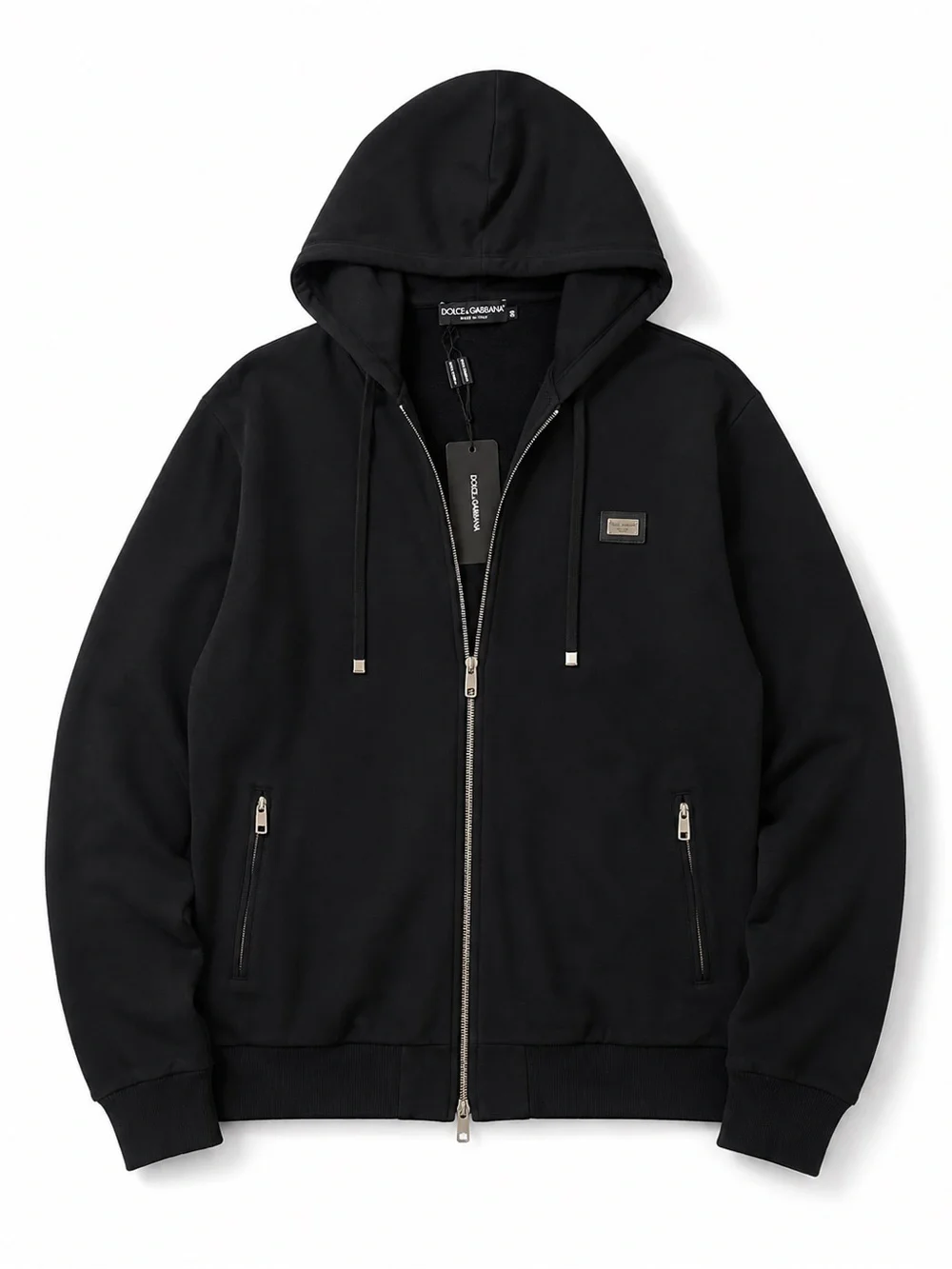 Dolce & Gabbana black zip-up hoodie with the metal logo plaque